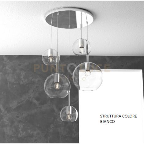 SOSP. BIANCO TONDA 5 LUCI VETRI (1 GRANDE+1 MEDIO+3 PICCOLO) TUTTI TRASPARENTE 1155BI-S5 TMIX-TR