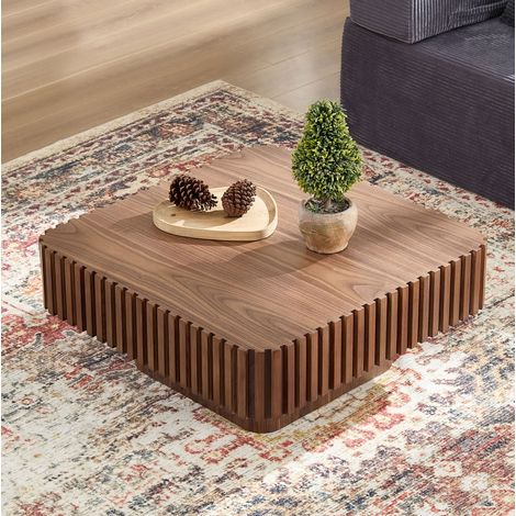 Table basse carrée 80 x 80 x 35 cm en MDF et bois foncé, plateau plaqué, cadre à relief 3D, structure renforcée pour salon moderne – de FLORAGRACE (1/5)