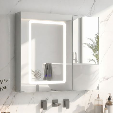 Armoire murale de salle de bain avec miroir LED, 70 x 60 cm, meuble salle de bain avec miroir et 2 portes, éclairage tactile, fonction désembuage, rangement - Blanc