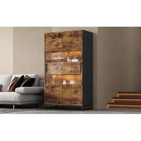 Vitrine de 8040138 cm, avec éclairage LED. Vitrines à deux tiroirs. Vitrine pour le rangement, avec une vitre en acrylique. Meuble de vinage. Couleur noire, avec motifs en bois.
