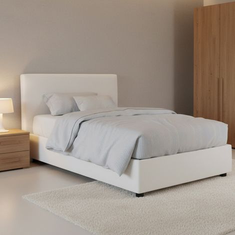 Talamo Italia Cama de plaza y media Chicca, Cama contenedor con revestimiento de tela, 100% Made in Italy, Apertura frontal, con colchón 120x200 cm incluido, Blanco, con embalaje reforzado (1/5)