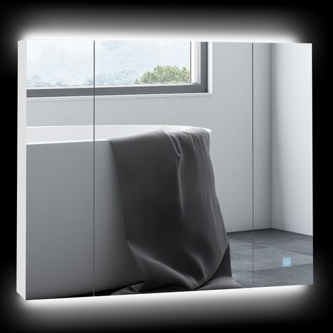 Meuble de salle de bain avec miroir, éclairage LED, étagères réglables et port USB, style moderne, 90 x 15 x 75 cm, blanc (1/5)