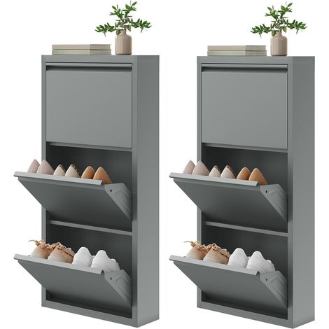 Lot de 2 Meuble à Chaussures WOLTU, pour 18 Paires, Meuble d'Entrée Étroit en Métal, Porte Abattante, 3 Compartiments, Gris Clair, 50x15x106 cm (1/5)