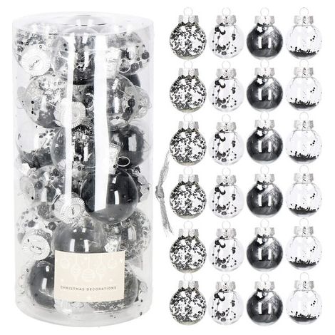 Bombki per l'albero di Natale, confezione da 24 pz. 5 cm, trasparenti con riempimento nero. (1/5)