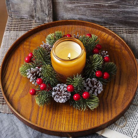Couronne Pour Bougie - Couronne De Pin Artificielle Avec Baies Rouges Et Pommes De Pin - Diamètre Intérieur 7 5 Cm - Pour Décoration De Table De Noël Mariage Ou Fêtes (1/5)