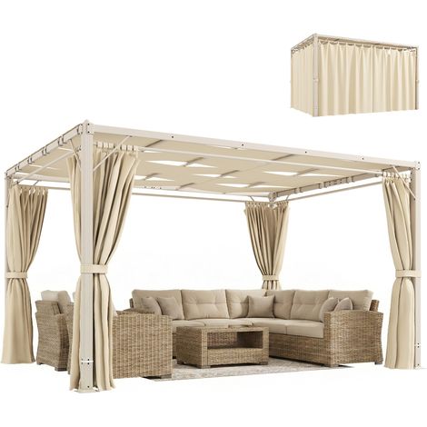Outsunny pérgola de jardín 3x4 m, con techo ondulado, 4 cortinas extraíbles, upf50+ y estructura de acero, pabellón para exterior, patio, beige