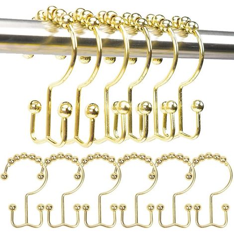 Anneaux de crochet pour rideau de douche, crochets coulissants à double rouleau en métal antirouille, adaptés aux barres de rideau de salle de bain, lot de 12 pièces couleur or (1/5)