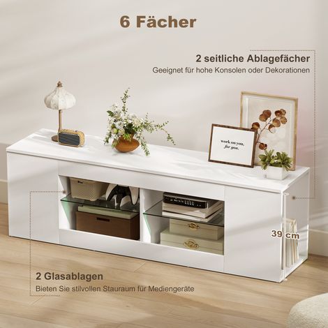 Meuble TV 140 cm, 6 rangements, 2 tablettes en verre, panneaux de particules, blanc (1/4)