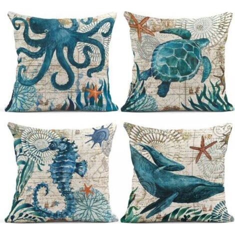 4er-Set Kissenbezüge (45,7 x 45,7 cm) mit nautischem Ozeanmotiv in Blau – Oktopus, Seepferdchen, Schildkröte, Wal – Mediterraner Stil – Dekorative Kissenbezüge – Wohnaccessoires – Quadratische Kissenb (1/5)