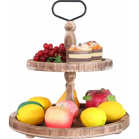 Two Tier Wooden Tray, Two Tier Distressed Wood Tray, Two Tier Round Serving Tray for Kitchen Counter, Dining Table (Light Brown) (1/5)