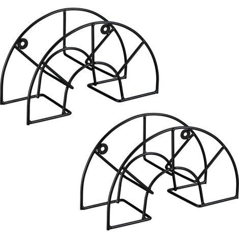 Relaxdays Set of 2 Hose Pipe Holders, for 45 m 5/8" Hosepipe, Wall-Mounted Hanger, 19 x 30.5 x 13.5 cm, Steel, Black