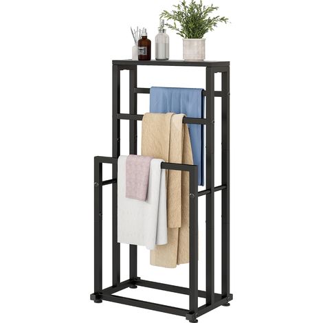 Porte-serviettes sur pied pour salle de bains, porte-serviettes métallique à 3 niveaux en forme d'échelle, support de séchage et de rangement pour la piscine, avec étagère, pour chambre et salon (1/5)