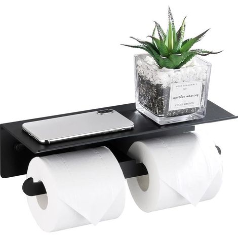 Portarrollos de papel higiénico de aluminio para montaje en pared, doble, higiénico, con plataforma de almacenamiento, no requiere perforación, con protección de bordes y sistema anticaída para baño/a (1/5)