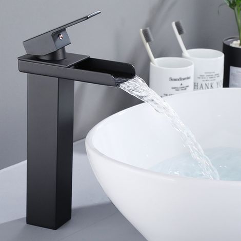 Stainless steel black painted square washbasin with single-hole hot and cold water faucet, bathroom vanity, washbasin with splash-proof design -- tall black model, pipe not included.