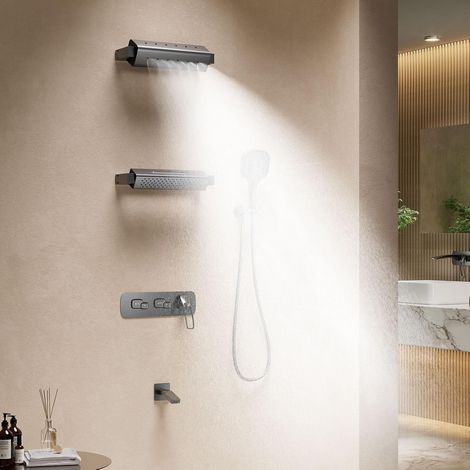 Colonne de Douche Encastrée, 2026 Innovant 4 Modes Pivotant à 360° Ensemble de Douche, Touches de Piano Systèmes de Douche, Double 350x90mm Pommeau, Robinet de Baignoire, 59A Cuivre Mitigeur (1/5)