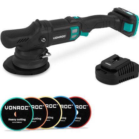 VONROC PRO Dual Polisseuse Action 20 V – Ø 150 mm Avec batterie 2,0 Ah, chargeur rapide et 5 disques de polissage