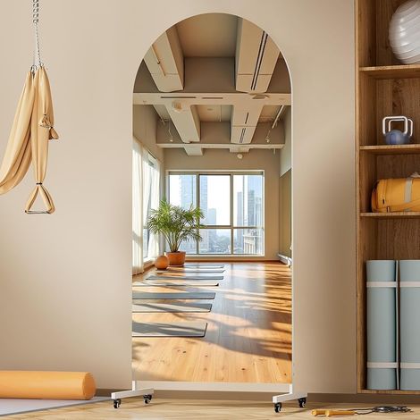 Hasipu Ganzkörperspiegel 180 x 70 cm, 360° Drehbar Standspiegel mit Rollen, Gehärtetes Glas, Gewölbter Home Gym Spiegel Tanzspiegel für Schlafzimmer Fitnessraum Yoga