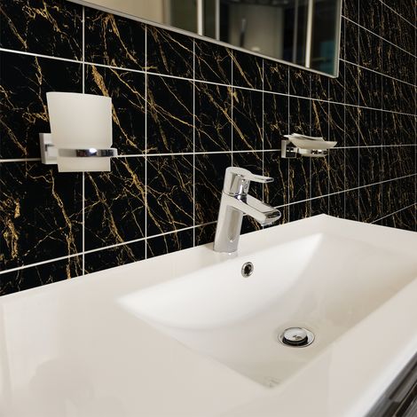 Sticker Mural Carrelage adhésif Cuisine Salle de Bain - 24 STICKERS CARREAUX DE CIMENT MARBRE NOIR DE VENICE - 24stickers10x10cm (1/5)