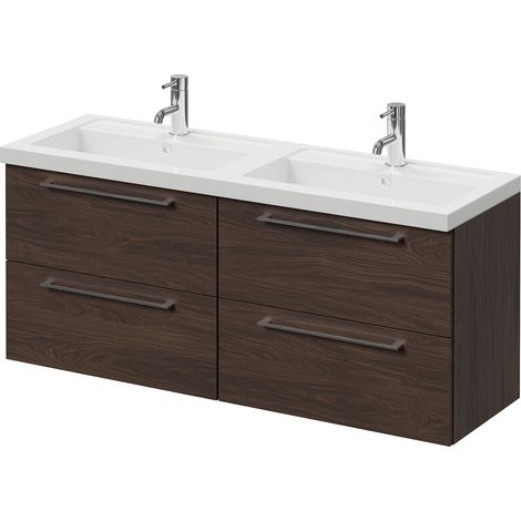Napoli 390 Brown Oak 1200mm Wall Mounted 4 Drawer Vanity Unit with Double Lucia Basins - 1200mm - Chrome 320mm Handle