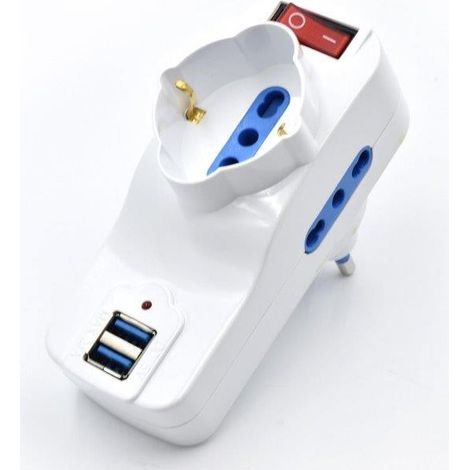 Adattatore Elettrocanali girevole spina 16 a + 2 prese bipasso 10 / 16 a + presa schuko bipASSO + 2 PRESE USB (1/5)