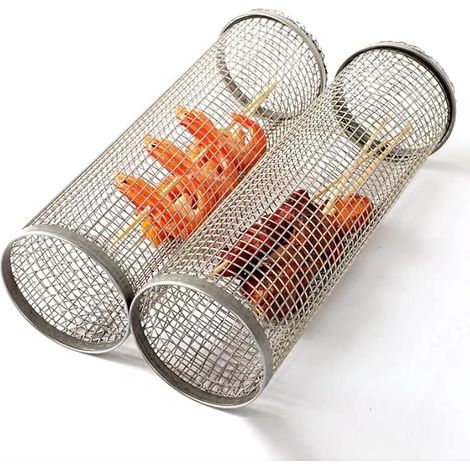 Cesta para parrilla de barbacoa de 2 piezas: cesta rodante de malla de alambre de acero inoxidable para verduras, patatas fritas, pescado, carne, ideal para exteriores, deportes y camping. Color plate
