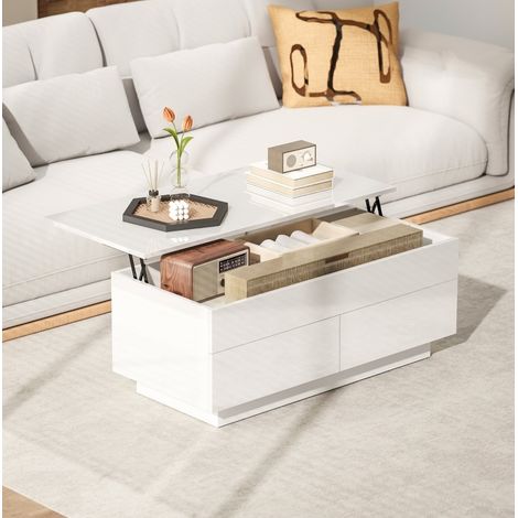 Table basse relevable 102 x 48 x 54,5 cm, rangement caché, 2 tiroirs, blanc brillant (1/5)