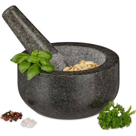 Relaxdays Mortar with Pestle, Spices, Herbs, Polished Stone Mortar, Ø 16 cm, Vol. 400 ml, Granite, Grey