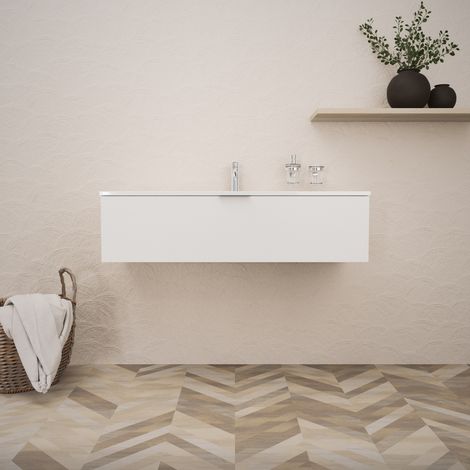 Inda - Badezimmerschrank B.120 mit glänzend/mattweißem Waschbecken, 1 Schublade - Topazio