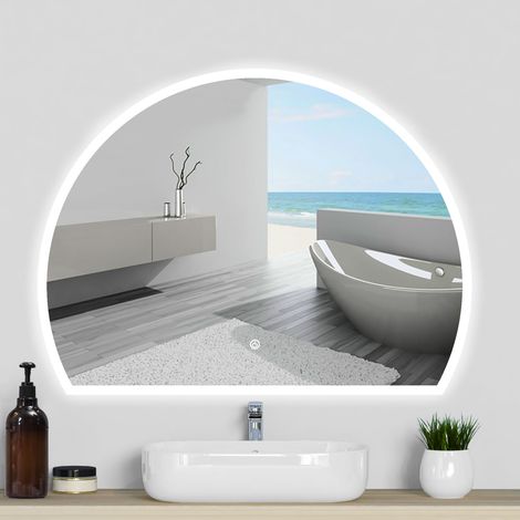 Acezanble Miroir de salle de bain asymétrique 80x60cm led Demi-cercle Mirror 3 Colours Dimmable + Anti-buée + Mémoire