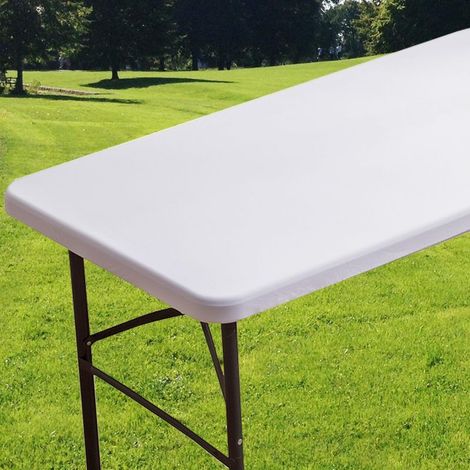 Nappe rectangulaire élastique (blanche) pour camping, banquets et occasions. Facile à installer et à nettoyer. Dimensions : 122 x 76 cm. (1/5)