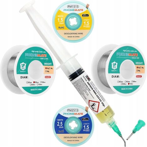 AMTECH 223-UV Flux 10 g + Étain à souder 2 pièces + Tresse d'étain 2 pièces