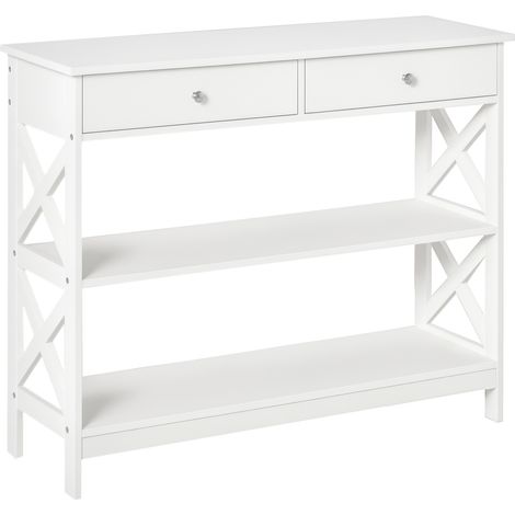 HOMCOM Table de console table d'entrée style table de drapier néo-rétro 2 tiroirs 2 étagères dim. 100L x 30.5l x 80H cm en bois Blanc