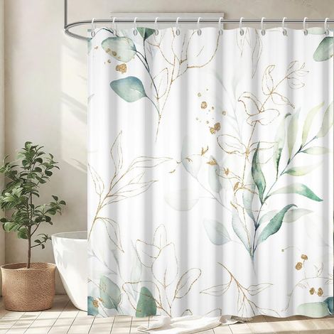 Rideau de douche 180x180 cm – Motif feuilles d’eucalyptus vertes – Tissu polyester imperméable et anti-moisissure – 12 crochets inclus (1/5)