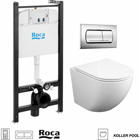 Pack WC Bastidor ROCA Active con Cisterna Empotrada, Pulsador Cromo Brillo y WC Suspendido Round Smart 52 cm Tornado 3.0 de Koller Pool