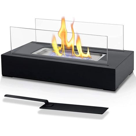 Bioethanol-Kamin, Ethanol-Tischkamin, tragbar, rechteckig, schwarz, Edelstahl, 2 Glasscheiben, Indoor/Outdoor, Bioethanol-Ofen, freistehend, mobil