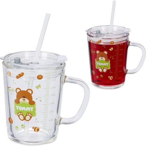Relaxdays 2x Children's Cups, Bear Motif, Drinking Glass for Kids, with Handle, Lid & Straw, 400ml Scale, Transparent (1/5)