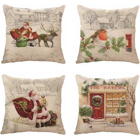 Ensemble de 4 housses de coussin décoratives en coton et lin, motif Père Noël, 45 x 45 cm (18 x 18 pouces). (1/5)