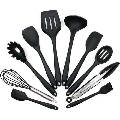 Utensili da cucina in silicone, antiaderenti, antigraffio e resistenti al calore. Utensili da cucina in silicone, antiaderenti: schiumarola, mestolo, spatola, cucchiaio per pasta, 10 pezzi. (1/5)