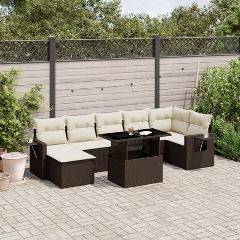 Ensemble Salon Jardin Résine Tressée Marron 8pcs avec Table Rabaissable et Coussins Crème - Modulaire, résistance UV 110kg/place, Meuble d'extérieur pour terrasse (1/4)