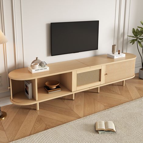 Mobile TV con 2 Ante Scorrevoli, 1 Cassetto e Vano Aperto, Piedini Regolabili, per Soggiorno, MDF, Naturale 180×40×40 cm (1/5)