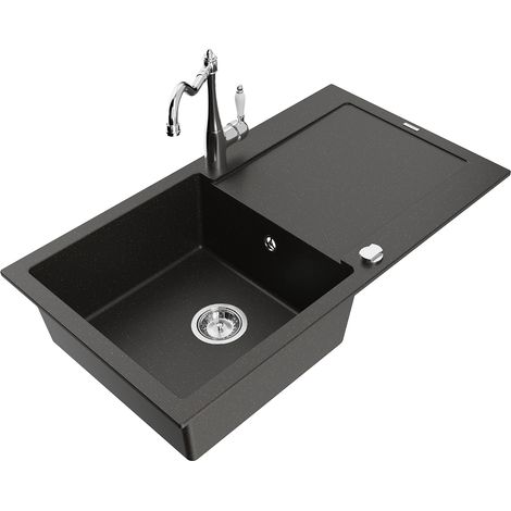 Mexen Leo lavello in granito a 1 vasca con scolapiatti e rubinetto da cucina Carla, nero/oro metallico - 6501-75-670700-00 (1/5)