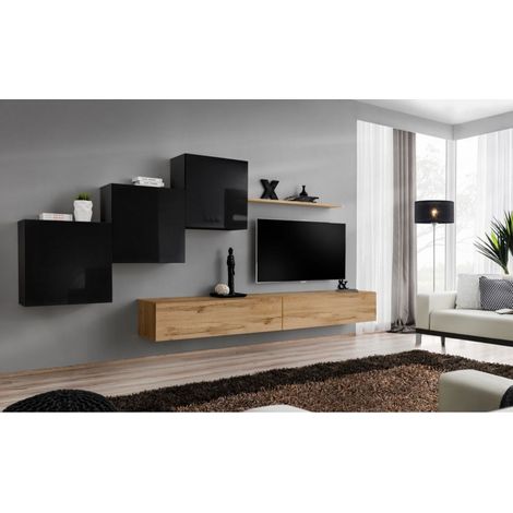 Ensemble mural - Switch X - 3 vitrines carrées - 2 bancs TV - 1 étagère - Bois et noir - Modèle 2 - Livraison gratuite