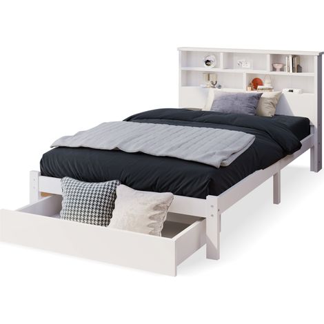 Lit simple 90x200 avec tête de lit bibliothèque et 2 tiroirs de rangement, blanc, en bois et MDF, sans sommier, pour chambre ado ou adulte - CHICFURN (1/5)