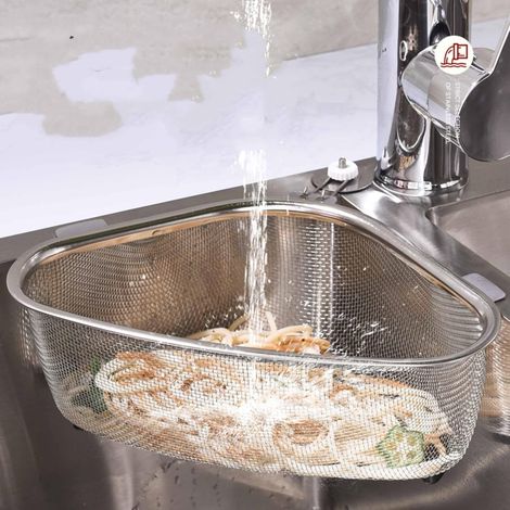 Cesta coladora de esquina para lavabo de acero inoxidable, montada en la pared, con desagüe lateral para recoger restos de comida, ideal para filtrar residuos y lavar frutas y verduras. (1/4)