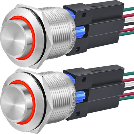 Lot de 2 interrupteurs à bouton-poussoir de 22 mm, verrouillage momentané, rond, étanche, IP67, marche/arrêt, en acier inoxydable 304 avec LED 12 V pour 2,2 cm avec fil (rouge, momentané, 12 V) (1/5)