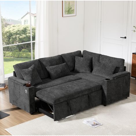 Canapé d’angle convertible 206.5x141x86 cm gris foncé en chenille avec rangement, USB et porte-gobelet (1/5)