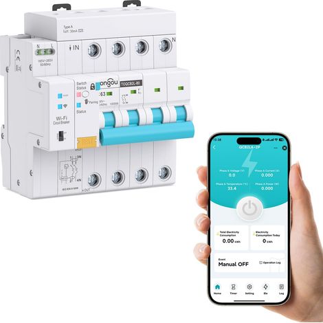 Disjoncteur WiFi FI RCBO 4P 63 A 30 mA Disjoncteur FI Type A pour la maison et les prises de courant Icu10ka Montage DIN Télécommande intelligente (1/5)