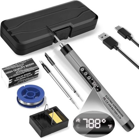 Soldador eléctrico inalámbrico portátil, recargable por USB, 5V 8W, mini soldador doméstico con batería de litio, 3 cabezales, gris.