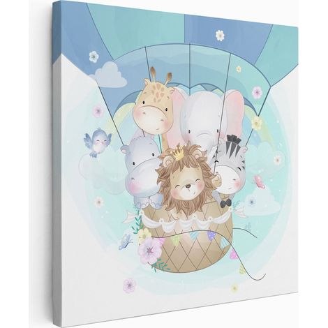 Tableau toile Enfants Carré - Animaux montgolfières - 80x80 cm (1/2)