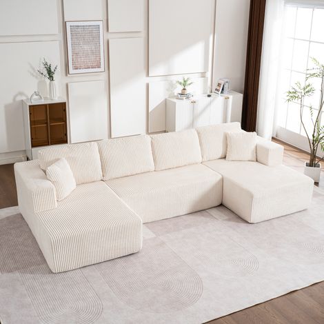 REDOM Canapé d'angle en U 332x156x88 cm, sans montage, convertible, avec 6 coussins, velours côtelé blanc (1/5)